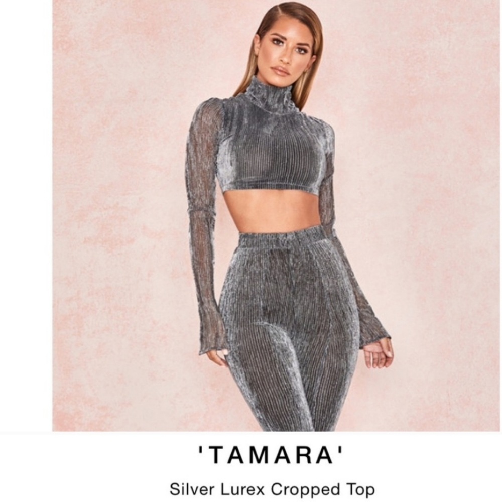 House of CB "Tamara" Silver Lurex Crop Top NWT - Picture 2 of 12